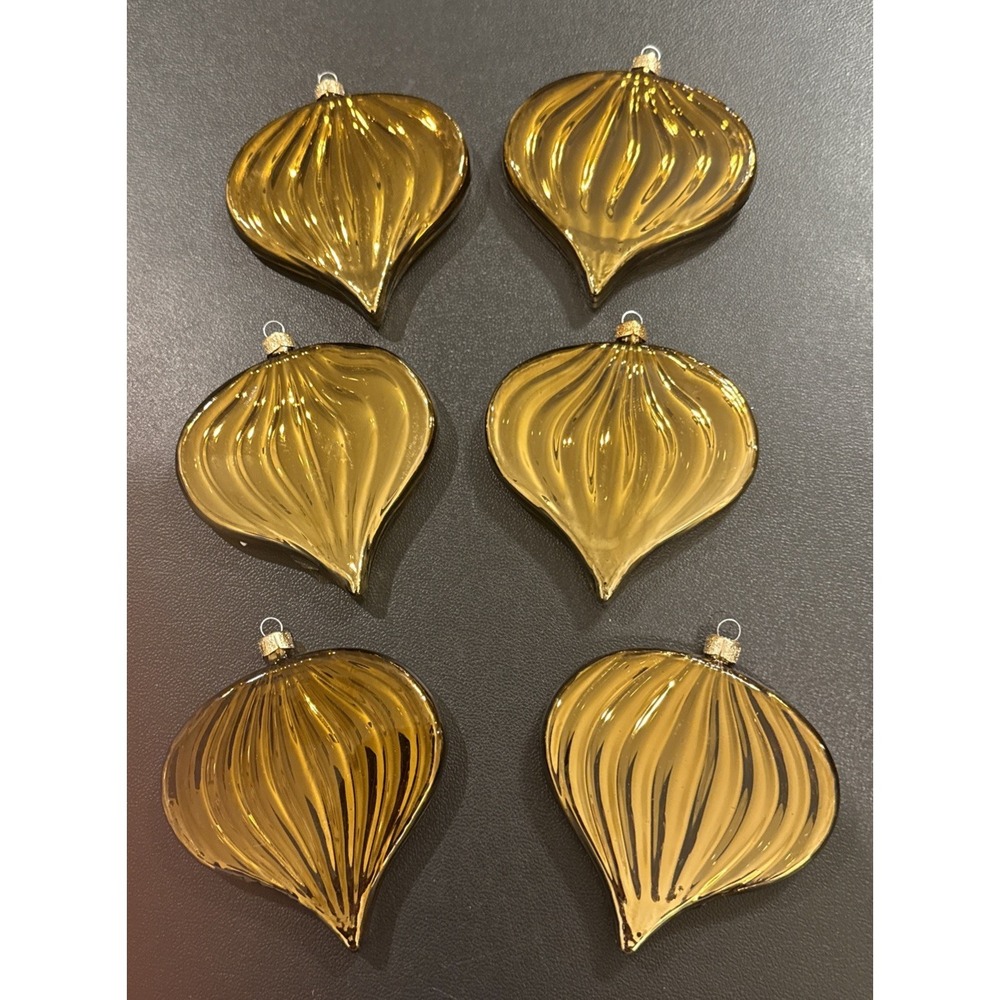 Elongated Teardrop Gold Spiral Flat Holiday Christmas Tree‎ Ornaments Set Of 6